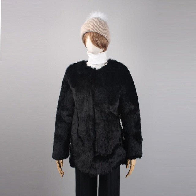 Ethel Anderson Real Farm Rabbit Fur Coat Women Striped Jacket Luxury Parkas Wedding 68cm