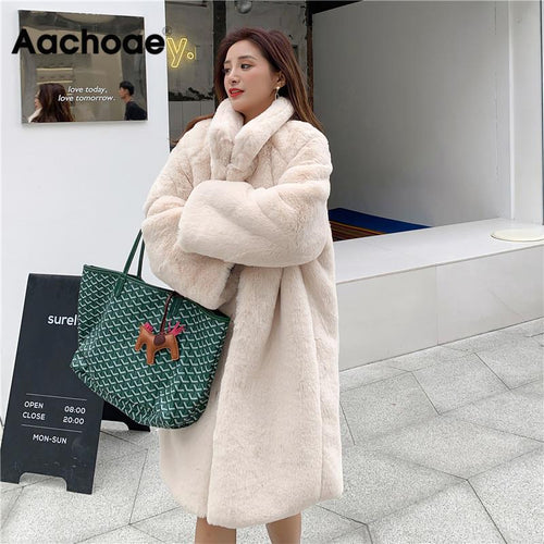 Women Winter Fashion Faux Fur Long Coat Solid Loose Turn Down Collar Thick Warm Coats Soft Casual Long Sleeve Pocket Overcoat