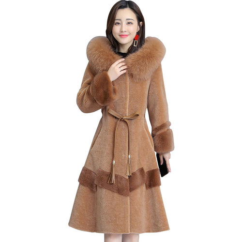 luxury Fox fur collar Hooded Winter Fur Coat Sheep shearing Slim long Outerwear Mink Warm Fur jacket M-4XL Plus size Women Q141