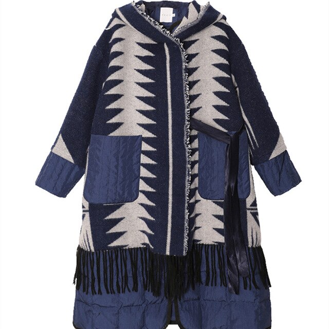 Original Design Women Puffer Coat Winter Indian Totem Pattern Tassel Thicken Warm Jacquard Wool Patchwork White Duck Down Jacket