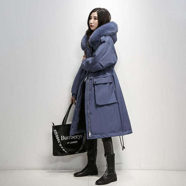Fitaylor Winter Large Real Fox Fur Collar 90% White Duck Down Jacket Women Loose Long Down Coat Hooded Outwear Warm Thick Parka