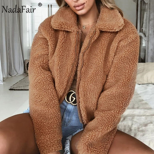 Nadafair Women Fleece Faux Fur Jacket Plus Size Thick Zipper Short Fluffy Winter Teddy Coat Female Casual Plush Overcoat