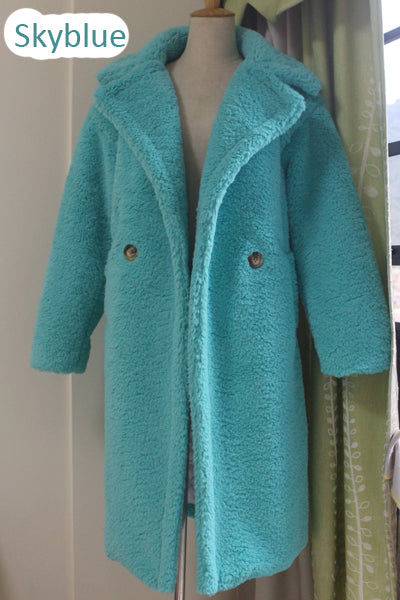 2019 new women faux fur coat thick warm weight about 1.7kg with lining inside teddy coat skyblue and yellow
