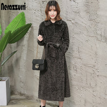 Load image into Gallery viewer, Nerazzurri Winter long faux fur coat women long sleeve turn-down collar plus size fake karakul fur coat with belt 5xl 6xl 7xl