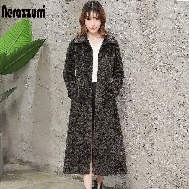 Nerazzurri Winter long faux fur coat women long sleeve turn-down collar plus size fake karakul fur coat with belt 5xl 6xl 7xl
