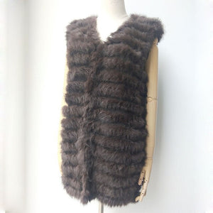 2019 Autumn Female Knitted Real Rabbit Fur Vest Fashion Women V-Neck Genuine Fur Gliet Sleeveless Ladies Outwear Casual