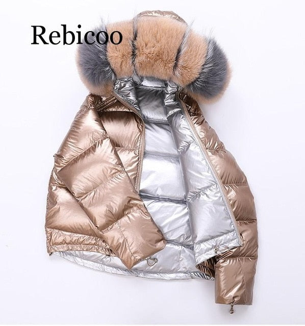 new bright face winter down jacket female short double-sided fashion fake fur collar coat winter down coat women outerwear