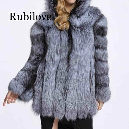 Fashion Winter Women Faux Fur Coat Lady Single Breasted Fox Fur Jacket Female Long Sleeve Fur Coat With Warm Hood