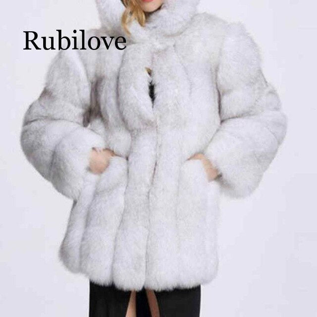 Fashion Winter Women Faux Fur Coat Lady Single Breasted Fox Fur Jacket Female Long Sleeve Fur Coat With Warm Hood