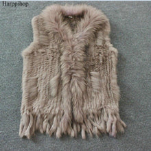 Load image into Gallery viewer, Harppihop Free shipping womens natural real rabbit fur vest with raccoon fur collar waistcoat/jackets rex rabbit knitted winte