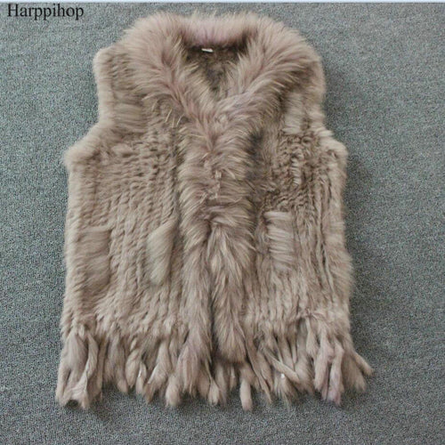 Harppihop Free shipping womens natural real rabbit fur vest with raccoon fur collar waistcoat/jackets rex rabbit knitted winte
