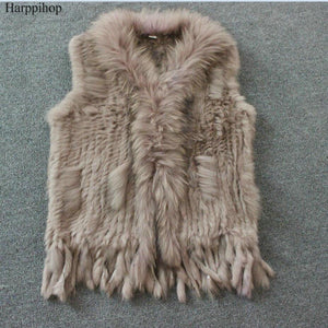 Harppihop Free shipping womens natural real rabbit fur vest with raccoon fur collar waistcoat/jackets rex rabbit knitted winte
