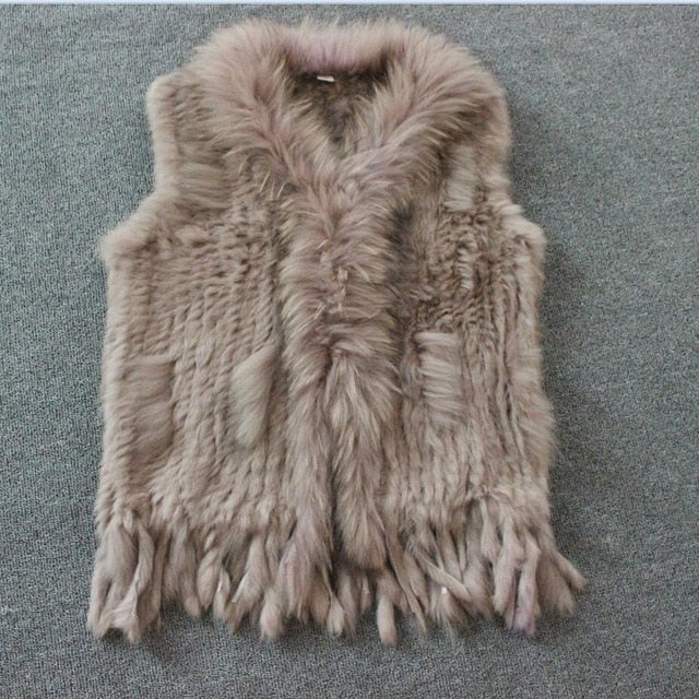 Harppihop Free shipping womens natural real rabbit fur vest with raccoon fur collar waistcoat/jackets rex rabbit knitted winte