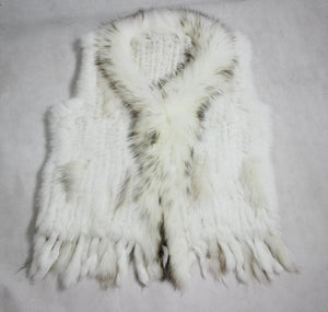 Harppihop Free shipping womens natural real rabbit fur vest with raccoon fur collar waistcoat/jackets rex rabbit knitted winte
