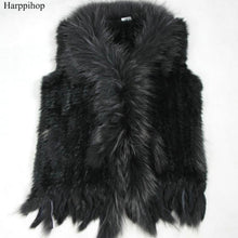 Load image into Gallery viewer, Harppihop Free shipping womens natural real rabbit fur vest with raccoon fur collar waistcoat/jackets rex rabbit knitted winte