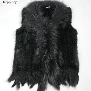 Harppihop Free shipping womens natural real rabbit fur vest with raccoon fur collar waistcoat/jackets rex rabbit knitted winte