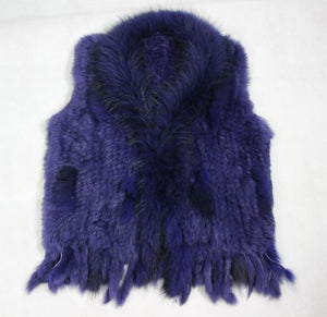 Harppihop Free shipping womens natural real rabbit fur vest with raccoon fur collar waistcoat/jackets rex rabbit knitted winte