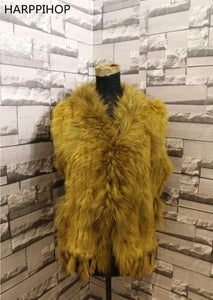 Harppihop Free shipping womens natural real rabbit fur vest with raccoon fur collar waistcoat/jackets rex rabbit knitted winte