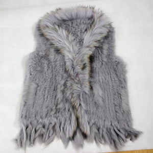 Harppihop Free shipping womens natural real rabbit fur vest with raccoon fur collar waistcoat/jackets rex rabbit knitted winte