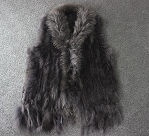 Harppihop Free shipping womens natural real rabbit fur vest with raccoon fur collar waistcoat/jackets rex rabbit knitted winte