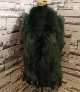 Harppihop Free shipping womens natural real rabbit fur vest with raccoon fur collar waistcoat/jackets rex rabbit knitted winte