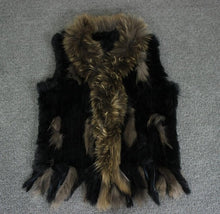 Load image into Gallery viewer, Harppihop Free shipping womens natural real rabbit fur vest with raccoon fur collar waistcoat/jackets rex rabbit knitted winte