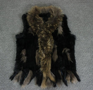 Harppihop Free shipping womens natural real rabbit fur vest with raccoon fur collar waistcoat/jackets rex rabbit knitted winte