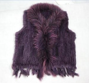 Harppihop Free shipping womens natural real rabbit fur vest with raccoon fur collar waistcoat/jackets rex rabbit knitted winte