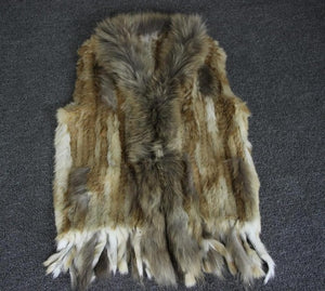 Harppihop Free shipping womens natural real rabbit fur vest with raccoon fur collar waistcoat/jackets rex rabbit knitted winte