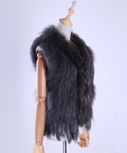 Load image into Gallery viewer, Brand New Women&#39;s Lady Genuine Real Knitted Rabbit Fur Vests tassels Raccoon Fur Trimming Collar Waistcoat Fur Sleeveless Gilet