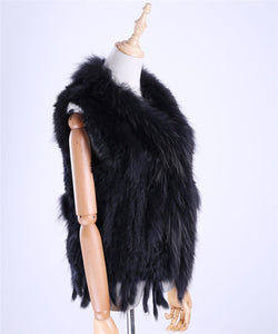 Brand New Women's Lady Genuine Real Knitted Rabbit Fur Vests tassels Raccoon Fur Trimming Collar Waistcoat Fur Sleeveless Gilet