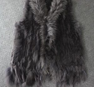 Harppihop fashion rabbit fur vest raccoon fur trimming knitted rabbit fur vest with hood fur waistcoat gilet