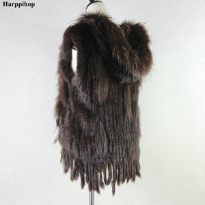 Harppihop fashion rabbit fur vest raccoon fur trimming knitted rabbit fur vest with hood fur waistcoat gilet