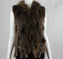 Load image into Gallery viewer, Harppihop fashion rabbit fur vest raccoon fur trimming knitted rabbit fur vest with hood fur waistcoat gilet