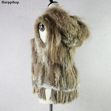 Load image into Gallery viewer, Harppihop fashion rabbit fur vest raccoon fur trimming knitted rabbit fur vest with hood fur waistcoat gilet