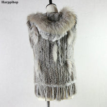 Load image into Gallery viewer, Harppihop fashion rabbit fur vest raccoon fur trimming knitted rabbit fur vest with hood fur waistcoat gilet
