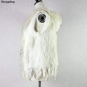 Harppihop fashion rabbit fur vest raccoon fur trimming knitted rabbit fur vest with hood fur waistcoat gilet