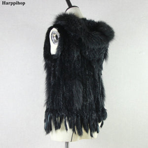 Harppihop fashion rabbit fur vest raccoon fur trimming knitted rabbit fur vest with hood fur waistcoat gilet