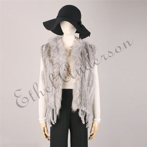 Natural Rabbit Fur Vest With Raccoon Fur Collar Party Waistcoat jackets knitted Gilets women wool vest colete de pele de coelho