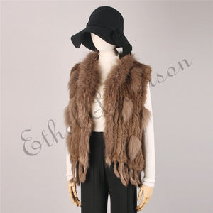 Natural Rabbit Fur Vest With Raccoon Fur Collar Party Waistcoat jackets knitted Gilets women wool vest colete de pele de coelho
