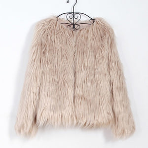 Fashion Furry Faux Fur Coat Women Fluffy Warm Long Sleeve Female Outerwear Autumn Winter Coat Jacket Hairy Collarless Overcoat