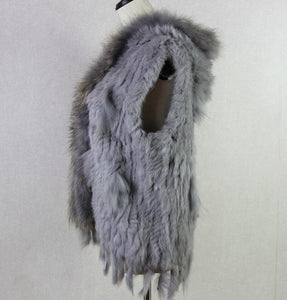 Harppihop fashion rabbit fur vest raccoon fur trimming knitted rabbit fur vest with hood fur waistcoat gilet