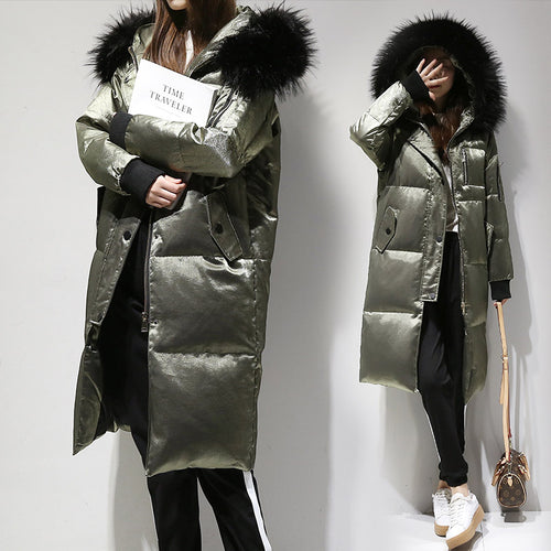 Fitaylor Winter Jacket Women White Duck Down Big Fur Collar Hooded Long Velour Parkas Coat Female Slim Snow Outerwear