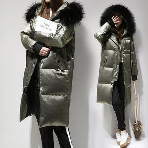 Fitaylor Winter Jacket Women White Duck Down Big Fur Collar Hooded Long Velour Parkas Coat Female Slim Snow Outerwear