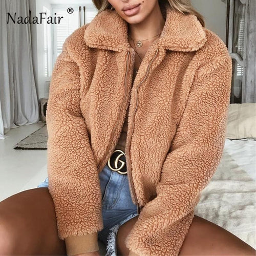 Nadafair Faux Fur Coat Women Autumn Winter Fluffy Teddy Jacket Coat Plus Size Long Sleeve Outerwear Turn Down Short Coat Female