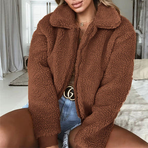 Nadafair Faux Fur Coat Women Autumn Winter Fluffy Teddy Jacket Coat Plus Size Long Sleeve Outerwear Turn Down Short Coat Female