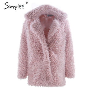 Simplee Warm winter faux fur coat women Fashion streetwear large sizes  long coat female 2018  Pink casual autumn coat outerwear