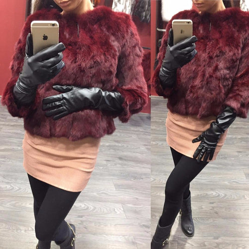 Ethel Anderson Real Rabbit Fur Coat Women's Floral Jacket 3/4 Sleeve Outwear