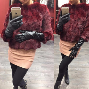 Ethel Anderson Real Rabbit Fur Coat Women's Floral Jacket 3/4 Sleeve Outwear