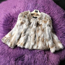 Load image into Gallery viewer, Ethel Anderson Real Rabbit Fur Coat Women&#39;s Floral Jacket 3/4 Sleeve Outwear